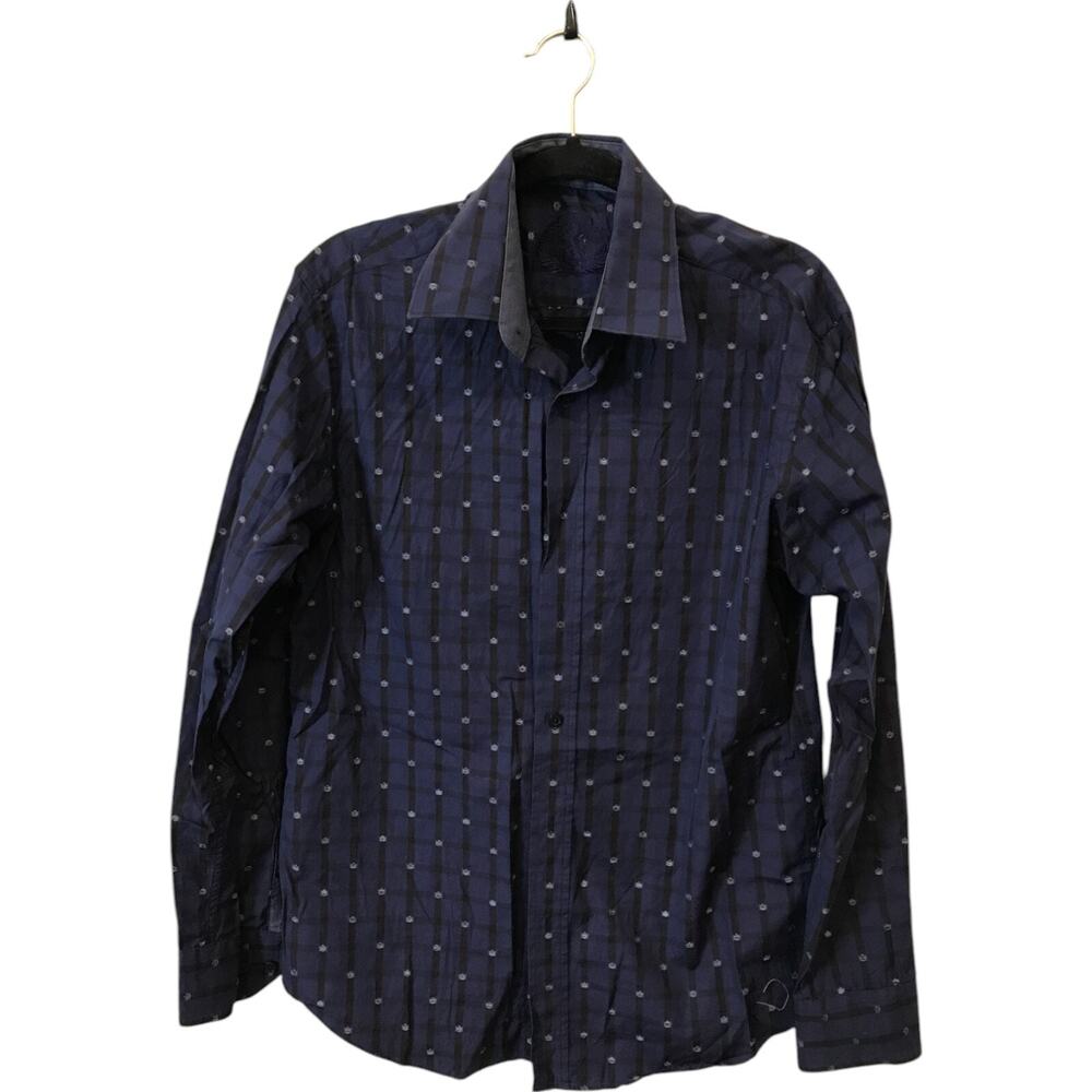 Bugatchi Shaped Fit Button Up Shirt Mens Navy Subtle Check Collared Long Sleeve